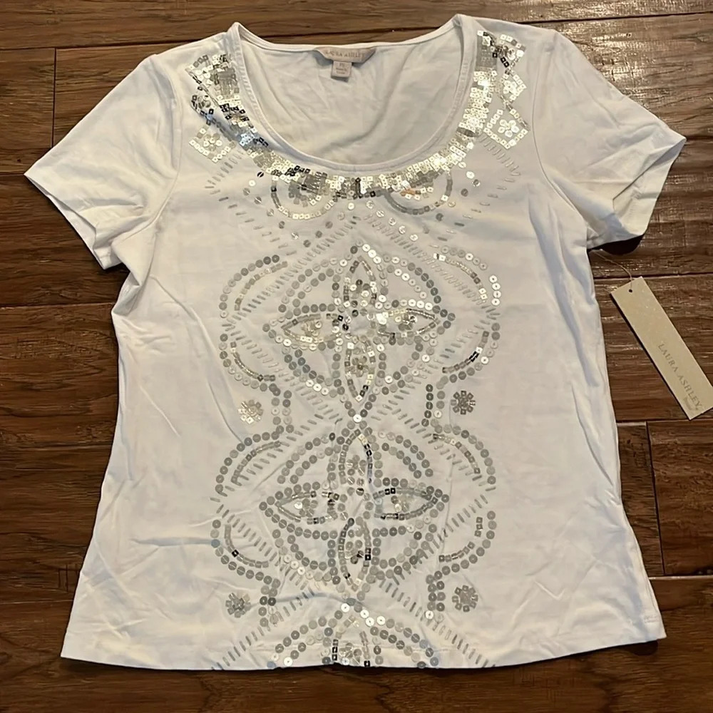Laura Ashley Classic White Shirt with Silver Sequins Size Petite Small